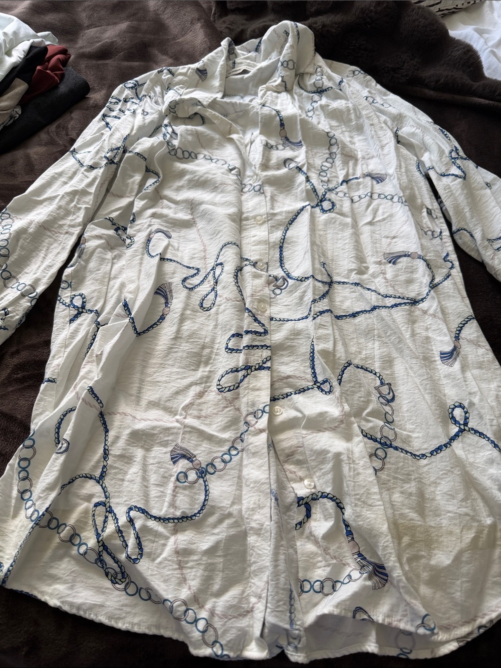 Women’s White Button-Up Shirt with Navy Chain Print